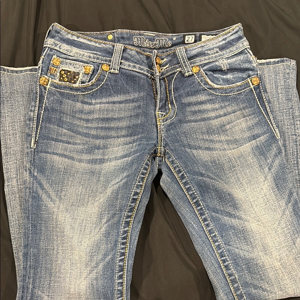 Miss Me Blue Boot Cut Jeans with Vintage Distressing
